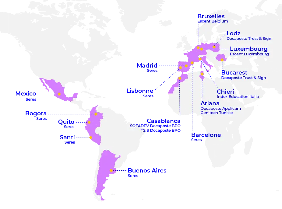 Carte des bureaux Docaposte à l'international
